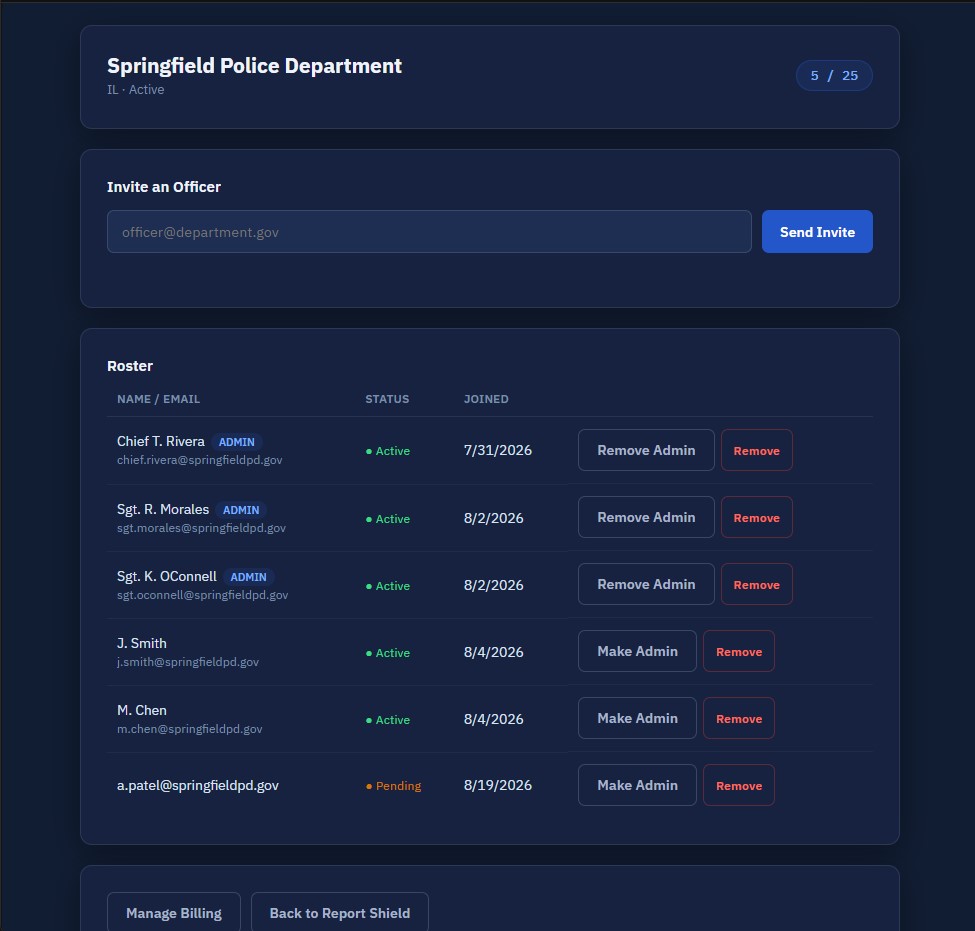 Report Shield department admin dashboard showing seat usage, an invite-an-officer field, and a roster with admin controls