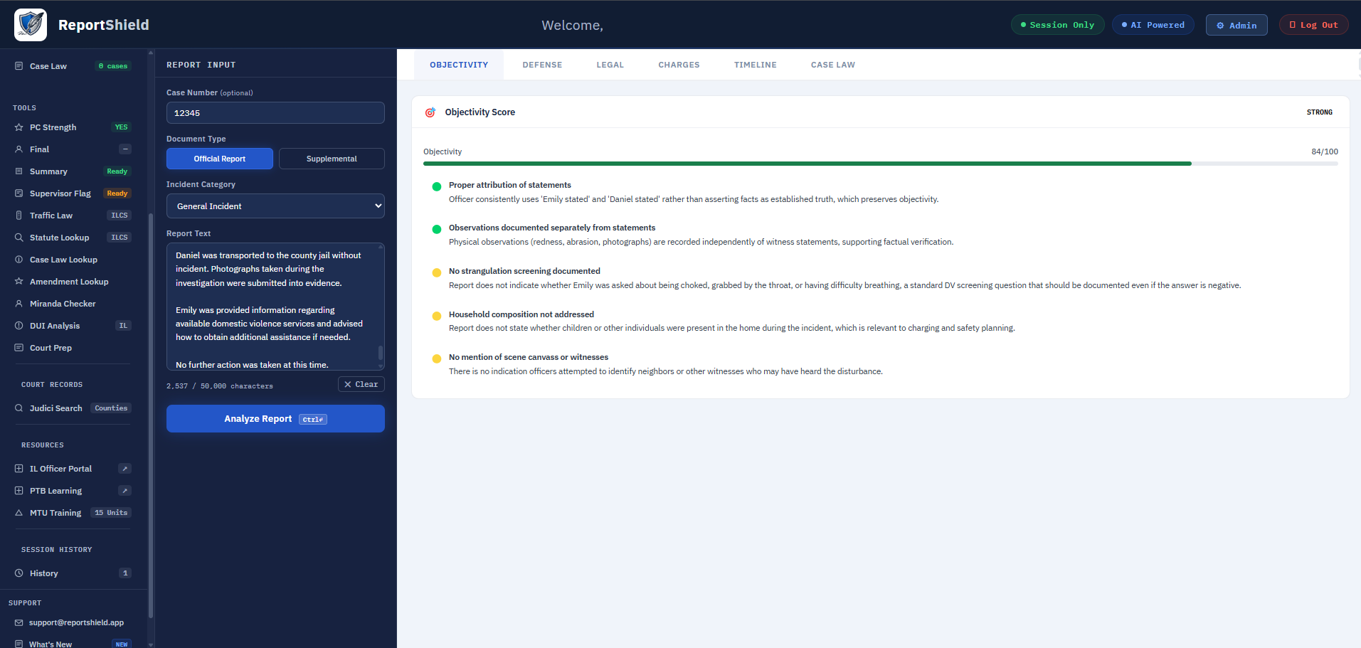 Report Shield report review screen showing a report narrative alongside Objectivity Score results